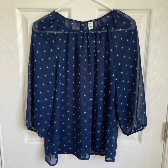 Old Navy sheer navy and turquoise patterned blouse - Picture 1 of 5